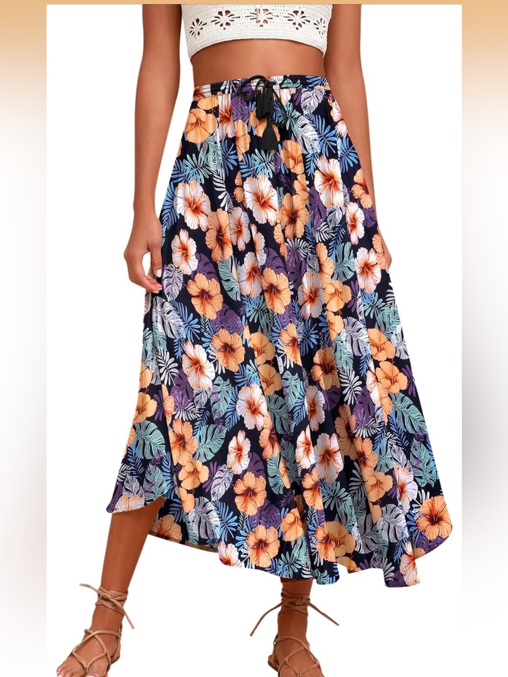 zeagoo Tropical Floral A-Line Skirt in Black and Coral NWOT